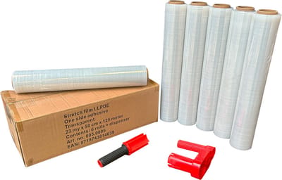 Kortpack - Handwikkelfolie Transparant 23my dik x 50cm breed x 125mtr lang - 6 Rollen + Foliedispenser - (005.0005)