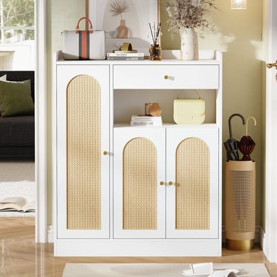 Clruro Schoenenkast - 90 x 35 x 110 cm - 3 Deuren en 1 Lade met Verstelbare Planken - Rotan Look - Houtmateriaal - Wit/Naturel