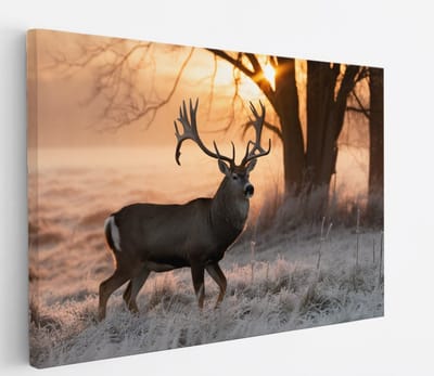 Saammp Canvas Schilderij - hert met zonsopgang in bevroren gras - Natuur - Dieren - 45x30 - Foto op canvas - Wanddecoratie - Muurdecoratie Woonkamer - Slaapkamer decoratie - Canvas Print