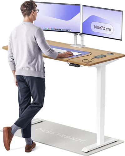Desktronic HomePro Zit-sta Bureau Elektrisch In Hoogte Verstelbaar, 140x70 cm Massief Eiken/Wit, Stille Dubbele Motor, Hoogte 62-126cm