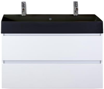 Maxx XL Badmeubelset 100 cm - Wit Hoogglans - Wastafel Kube Zwart 2 Kraangaten