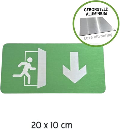 Pictogram/ bordje Dibond (geborsteld) | 20 x 10 cm | Nooduitgang - Pijl naar beneden | Vluchtroute | Noodgeval | Brandweg | Noodsituatie | Nooddeur | Brandweer | Wettelijk verplicht | Universeel | Pijlen omlaag | 1 stuk