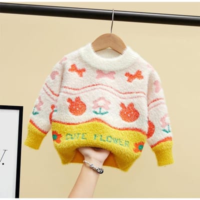 Pull Bébé Fille avec Pull Épaissi Four Vison Pull Tricoté Fille Hiver Pull Enfant 130 jaune