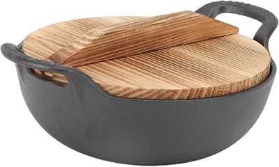 Gietijzeren Wokpan - Chinese Koekenpan - Authentiek Koken - Met Houten Deksel - 20cm Diameter - Zwart