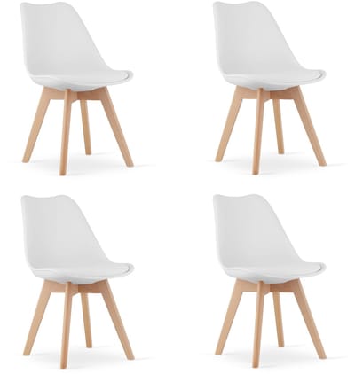 Set van 4 Stoelen MARK – Wit, Beukenhouten Poten, Kunststof Zitting met Kunstlederen Kussen, Strak Design, Ergonomisch, Geschikt voor Keuken, Eetkamer, Kantine en Werkruimte, Max. 120 kg