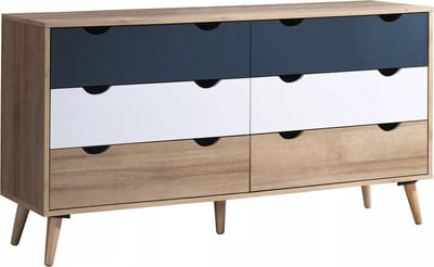 Vente-unique Commode met 6 lades - Kleur: naturel, wit en marineblauw - LURVIA
