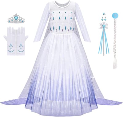 Luxueuze Prinsessen Kostuum voor Meisjes, Sneeuwkoningin Jurk met Toverstaf en Kroon, Perfect voor Halloween en Feestjes, Leeftijd 3-8 Jaar