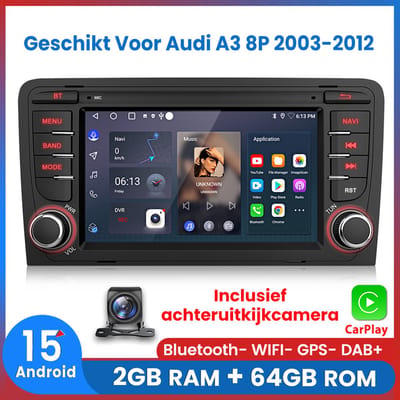 Awesafe Autoradio - Geschikt Voor Audi A3 8P 2003 t/m 2012 - 2GB+64GB - Draadloos Carplay Android Auto - GPS RDS Bluetooth - Navigatie - RAM 2GB + ROM 64GB - Inclusief achteruitkijkcamera - 2003 2004 2005 2006 2007 2008 2009 2010 2011 2012