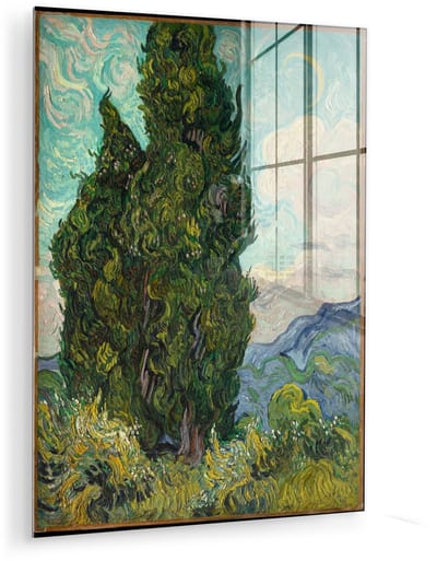 ® Glasschilderij 120x160 cm - Schilderij acrylglas - Landschap met cipressen - Vincent van Gogh - Foto op glas - Muurdecoratie woonkamer - Wanddecoratie slaapkamer - Schilderijen