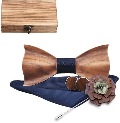 Houten Vlinderdas Klassieke Set: Houten Vlinderstrikje, Manchetknopen, Broche en Pochet voor Bruiloften, Optredens, Prom, Feest en Dagelijks Gebruik