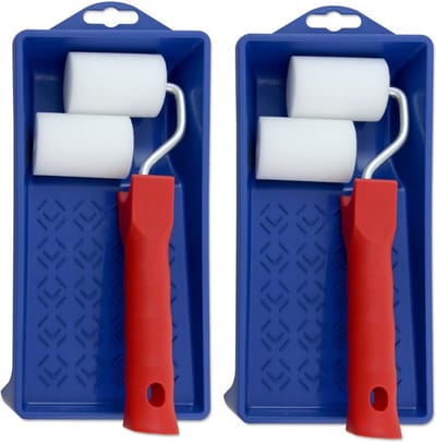 Veba Lakroller - 5x stuks - 5cm - schilderset - extra fijn met verfbak en beugel - Verfset - Schuim rollers