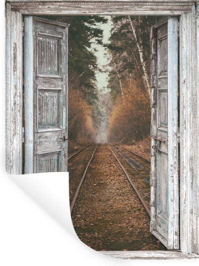 Muurstickers - Sticker Folie - Treinrails - Herfst - Doorkijk - Bos - 30x40 cm - Plakfolie - Muurstickers Kinderkamer - Zelfklevend Behang - Zelfklevend behangpapier - Stickerfolie