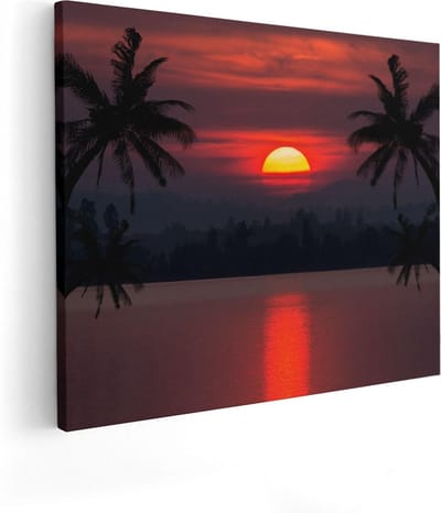 Artaza Canvas Schilderij Palmboom Strand - 50x40 cm - Wanddecoratie Zonsondergang - Muurdecoratie Zee - Schilderijen Op Canvas