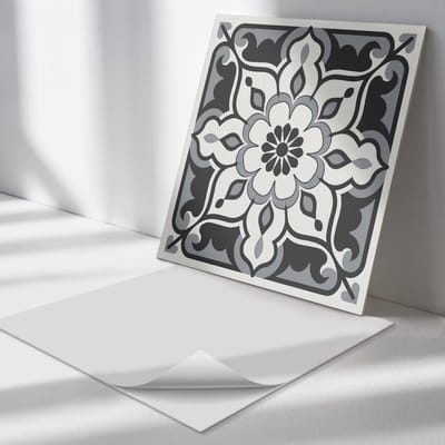 Wallfluent Vinyl Tegels - Bloemenpatroon met Ornamenten Zelfklevende PVC Tegels - 30 cm x 30 cm - Zwart Vinyl Tegels - Verpakking van 9 stuks - Vierkant PVC Tegels - Texturen Plaktegels - Vinyl Vloer Tegels - Plaktegels Keuken en Badkamer