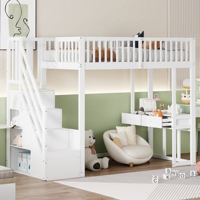 PHOEBE CAT Hoogslaper - 90x200cm - Met bureau - 2 lades - Massief hout + MDF - Kinderbed - Wit