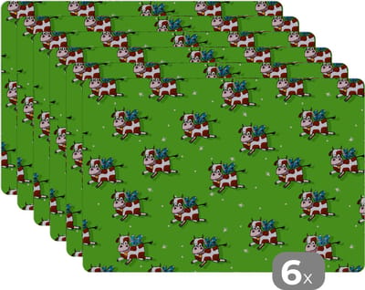 Placemat - Placemats kunststof - Koe - Vleugels - Patronen - Kind - 45x30 cm - 6 stuks - Hittebestendig - Anti-Slip - Onderlegger - Afneembaar