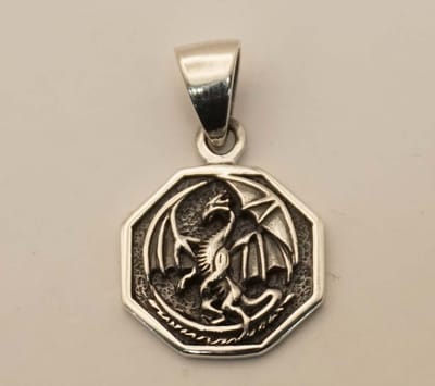 Zilveren hanger draak op sierschild - prachtige zilveren hanger draak - stoere draken hals hangertje - fantasie wereld kettinghanger van 925 zilver - silver pendant dragon on ornamental shield