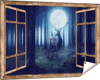 Gards Tuinposter Doorkijk Hert in het Bos tijdens Volle Maan - 120x80 cm - Tuindoek - Tuindecoratie - Wanddecoratie buiten - Tuinschilderij