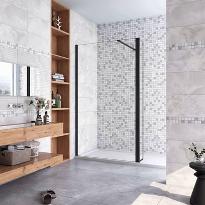 40x200cm zwarte inloopdouche + 30x200cm draaibaar hoekprofiel + N-vorm 90cm Stabilisatiestang 8mm EasyClean veiligheidsglas douchepartitie