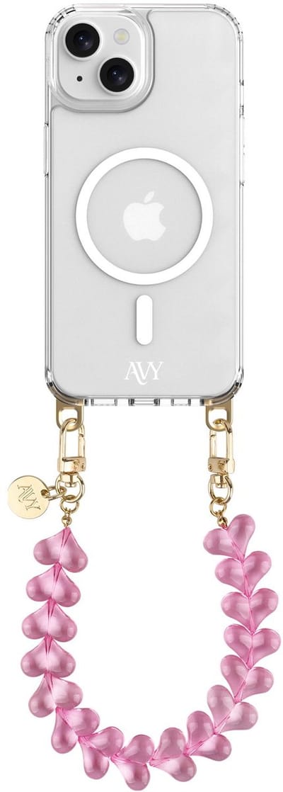 AVY Hoesje geschikt voor Apple iPhone 13 / 14 | Compatibel met MagSafe | Clear Case met Telefoonkoord 30CM | Polsband Cupid Clear Pink