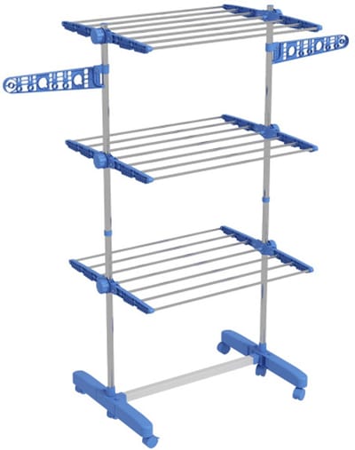 Wasrek 142×55×152cm (uitgevouwen maat) 80×13×152cm (opgevouwen maat) Blauw Staal Droogrek Handdoekrek Met Wieltjes 3 Lagen Vouwontwerp Geschikt voor Slaapkamer en Balkon