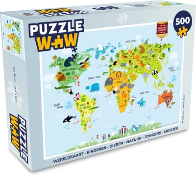 Puzzel Wereldkaart - Kinderen - Dieren - Natuur - Jongens - Meisjes - Legpuzzel - Puzzel 500 stukjes