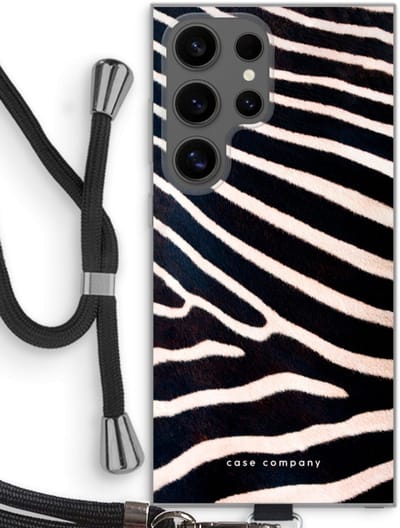 Case Company® - Hoesje met koord geschikt voor Samsung Galaxy S24 Ultra hoesje met Koord - Zebra - Telefoonhoesje met Zwart Koord - Bescherming aan alle Kanten en Over de Schermrand