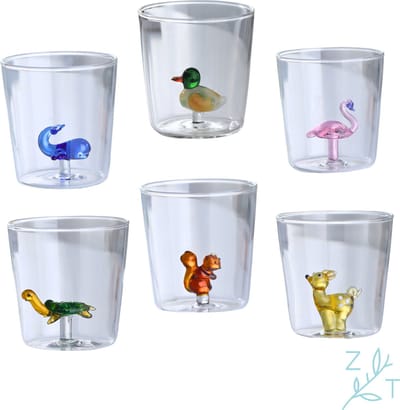 ZijTak - Set van 6 glazen - Waterglas - Drinkglas - Glas met Dier - Glas - Walvis - Eekhoorn - Eend - Hert - Flamingo - Schildpad