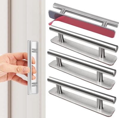 Famanu - 4 stuks Zelfklevende meubelgrepen, roestvrij staal, kastgrepen, zonder boren, handgrepen, deurgrepen, ladegrepen voor keukenkasten, schuifdeuren, balkondeur, raam, 150 mm, zilver (A, zilver