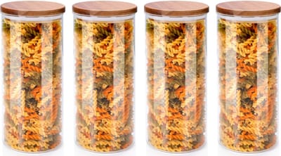 Voorraadpot/bewaarpot Foodking - 4x - borosilicaat glas - 1250 ml - glas/hout - D9.5 x H21 cm - voedsel bewaren