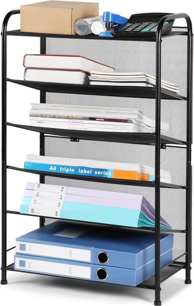 bureau-organizer, 6-laags opbergvakken, stapelbare metalen kantoororganizer, documentenbak, krantenrek voor dossiers, boeken, kranten, briefpapier en kantooraccessoires, zwart