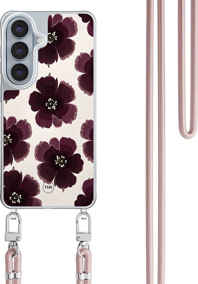 Telefoonhoesje met koord geschikt voor Samsung S26 - Burgundy flowers - Inclusief koord - Transparant, Multi - - Crossbody beschermhoes - Met Telefoonketting