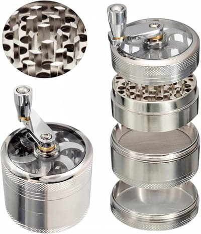 Metalen Kruidenmolen, Grinder met handgreep, Crusher voor specerijen, Pollen Grinder, 4-delige set met schraper, Kruid Grinder met Hand Crank, voor specerijen, kruiden, koffie, kruid (Zilver)
