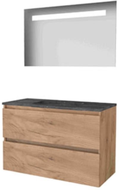 Basic-Line Economic 46 Badkamermeubelset - 100 x 46 cm - Greeploos - 2 Lades - Hardstenen Wastafel - 1 Kraangat - Spiegel met LED Verlichting - Whisky Oak