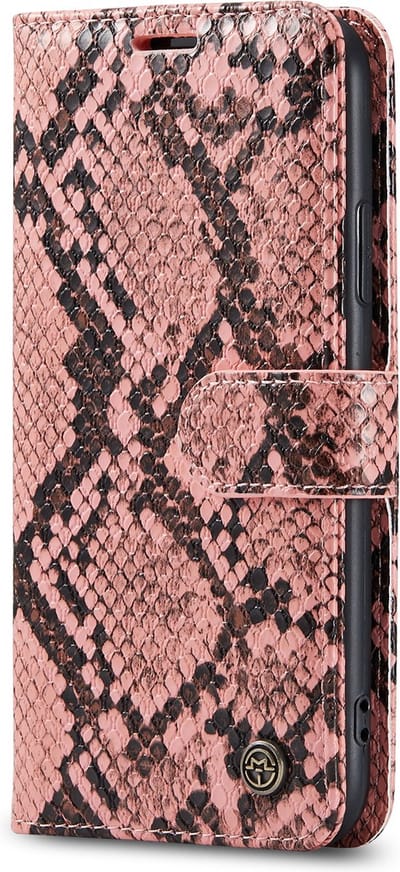Casemania Hoesje Geschikt voor Apple iPhone X / XS - Roze - Luxe Wallet Bookcase met Pasjeshouder en Standaard - Kunstleer Portemonnee Telefoonhoesje met Slangen Structuur