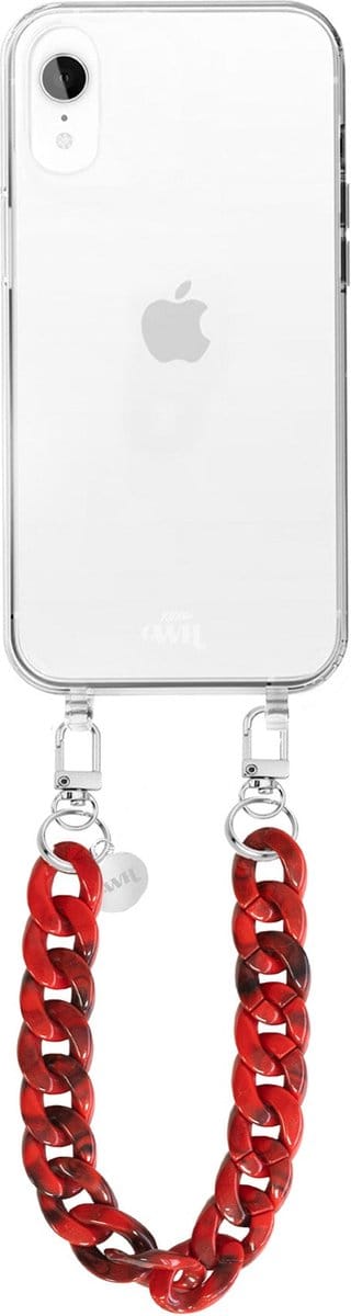 xoxo Wildhearts siliconen hoesje - Geschikt voor iPhone XR - Red Roses - Telefoonhoesje - Hoesje met koord - Rood koord - kort telefoonkoord - Transparant hoesje (korte variant)