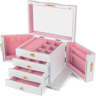 Houten Sieradendoos - Opberger Organizer - Sieraden Opbergen - Met Spiegelslot - 28x19x20 cm - Wit
