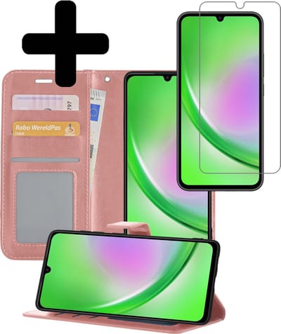 Hoesje - Met Screenprotector - Geschikt voor Samsung Galaxy A34 - Luxe Pasjeshouder - Bookcase Portemonee - Flip Case - Kunstleer Book Case - Flipcase - Book Cover - Walletcase - Portemonneehoes - Telefoonhoesjes - Rosé goud