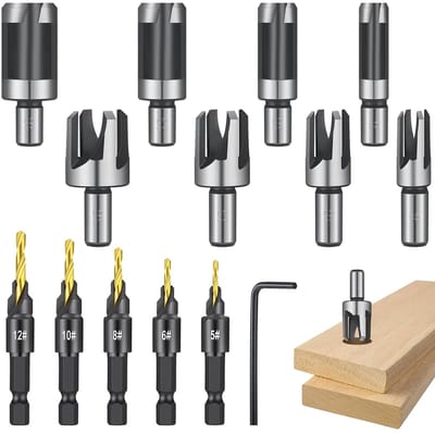 14-delige set verzonken freesboren, 5 houtboren en 8 pluggensnijders met L-sleutel, zelfcentrerende punt met titanium coating met zeskantschacht 1/4 inch, set voor inlegwerk en houten pluggen