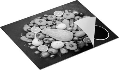 Chefcare Inductie Beschermer Groentes op Zwarte Marmer - Zwart Wit - 65x50 cm - Afdekplaat Inductie - Kookplaat Beschermer - Inductie Mat