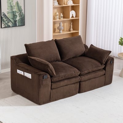 Modulaire 2-zits corduroy bank – met kussens en twee zijvakken van verschillende afmetingen, 3-laags schuim + veringkern voor snelle terugvering. Ideaal voor woonkamers, kantoren en meer. Bruin