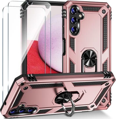 HB Hoesje Geschikt voor Samsung Galaxy A54 5G Roségoud & 2X Glazen Screenprotector - Anti-Shock Hybrid Armor Back Cover - Hoes met Kickstand Ring