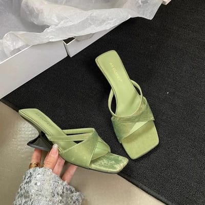 Zomerslippers Damesmode Smalle Band Dikke Hak Elegant Vierkante Neus Party Jurk Muiltjes Dames 36 groen