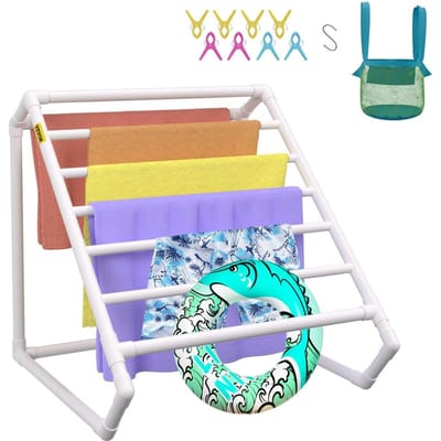 Porte-serviettes de piscine, 8 barres, Blanc, Autoportant Extérieur PVC Triangulaire Organisateur de Rangement au Bord de la Piscine, Inclut 8 Pinces à Serviettes, Sac en Maille, Crochet, Stocke Également