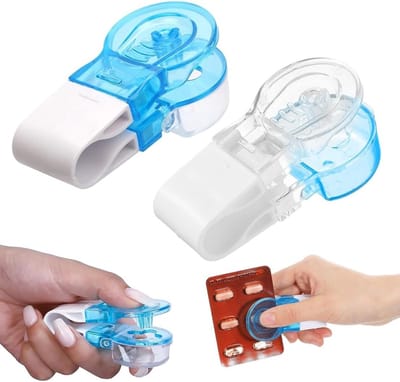 Set van 2 Handige Pillenverdeler en Extractor, Draagbare Plastic Pillendoos voor Kleine Tabletten in Transparant en Blauw, Afmetingen 7.5x3 cm