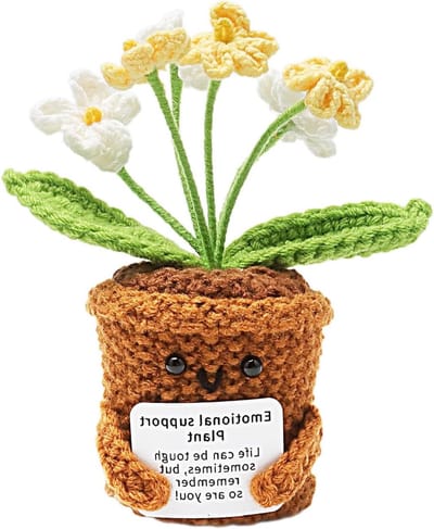 SnelShoppen - Handgemaakte Vergissmeinnicht Haakbloemen Mini Bloempot met 6 Gele Bloemen - Perfecte Decoratie voor Kantoor, Raam, Juf, Vriendin, Cadea