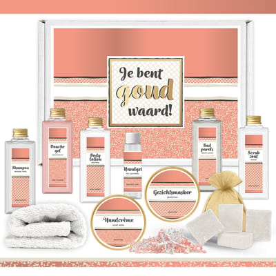 Brievenbus cadeau “Je bent Goud waard!” - 14 producten - 1000 gram | Brievenbuspakketje voor haar - Wellness Giftset Vrouw - Brievenbusdoos Cadeautje - Bedankt Giftset - Collega - Vriendin - Verjaardag - Moeder - Moederdag - Gift Kerst - Goud - Roze