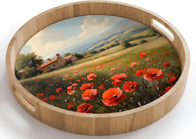 Dienblad rond 40x40 cm - Schootdienblad hout - Klaprozen - Rood - Heuvels - Landschap - Borrelplank rechthoek - Plateau houten dienbladen