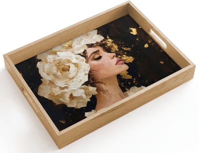 Dienblad hout 40x30 cm - Schootdienblad - Abstract - Vrouw - Bloemen - Wit - Borrelplank rechthoek - Plateau dienbladen