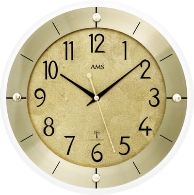 AMS Wandklok 5591 , een wandklok met een messingkleurige gemarmerde antiek stijl wijzerplaat met zwarte opgedrukte cijfers - 31 cm